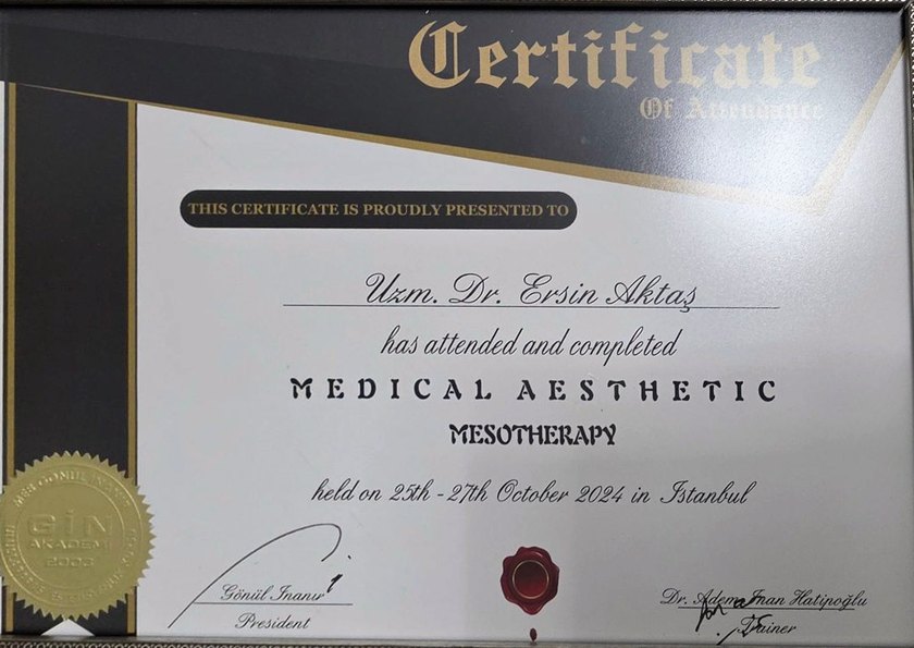 Medical Aesthetic Mesotherapy katılım belgesi