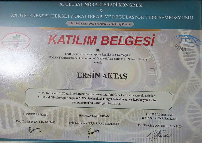 X. Ulusal Nöralterapi Kongresi katılım belgesi