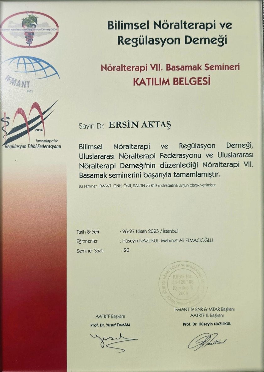 Nöralterapi VII. Basamak Semineri katılım belgesi