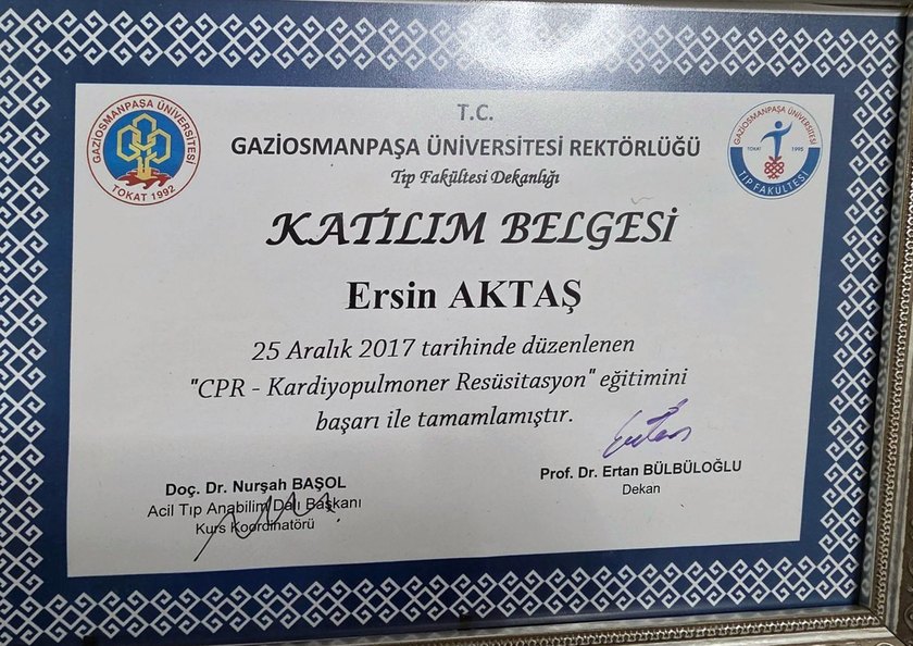 Gaziosmanpaşa Üniversitesi CPR eğitimi katılım belgesi