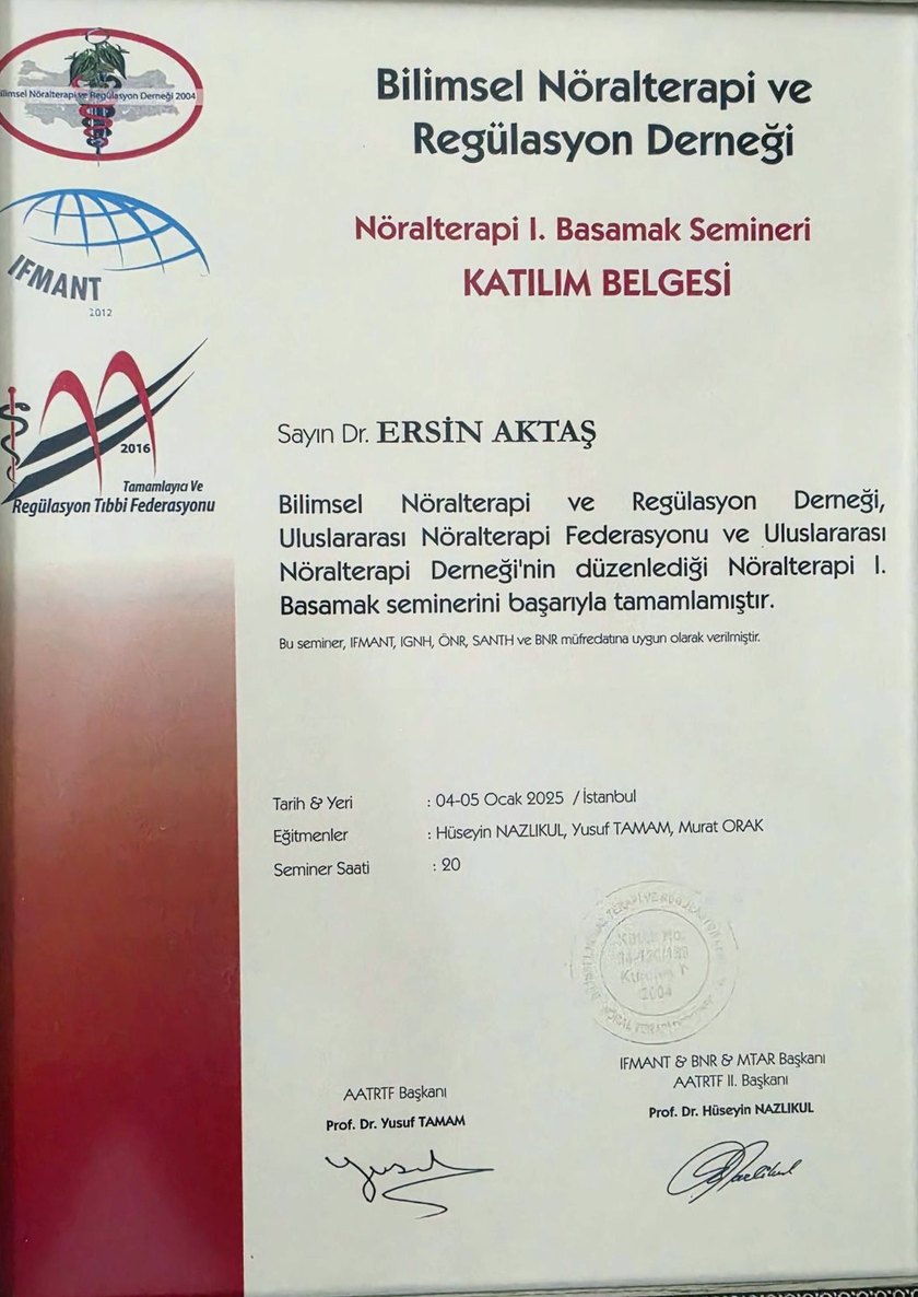 Nöralterapi I. Basamak Semineri katılım belgesi