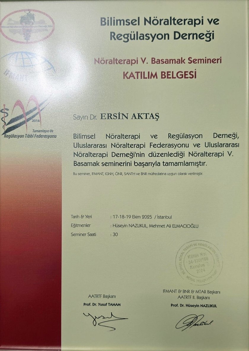 Nöralterapi V. Basamak Semineri katılım belgesi