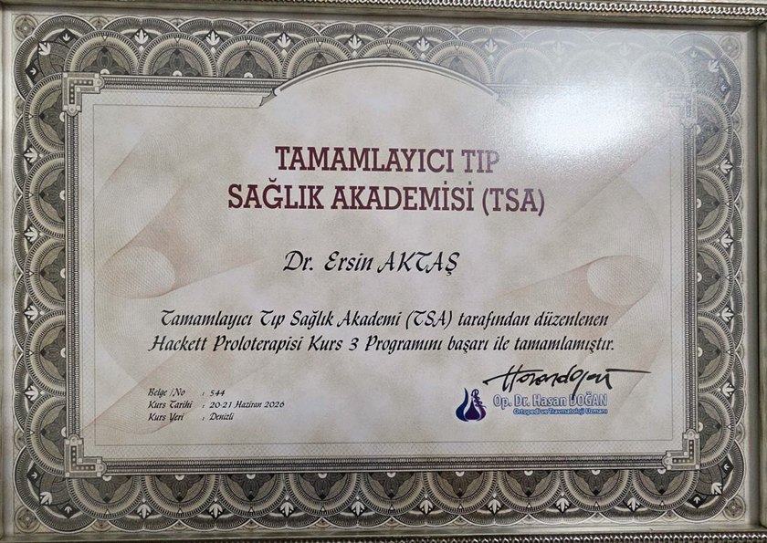 Tamamlayıcı Tıp Sağlık Akademisi Hackett Proloterapisi Kurs 3 belgesi