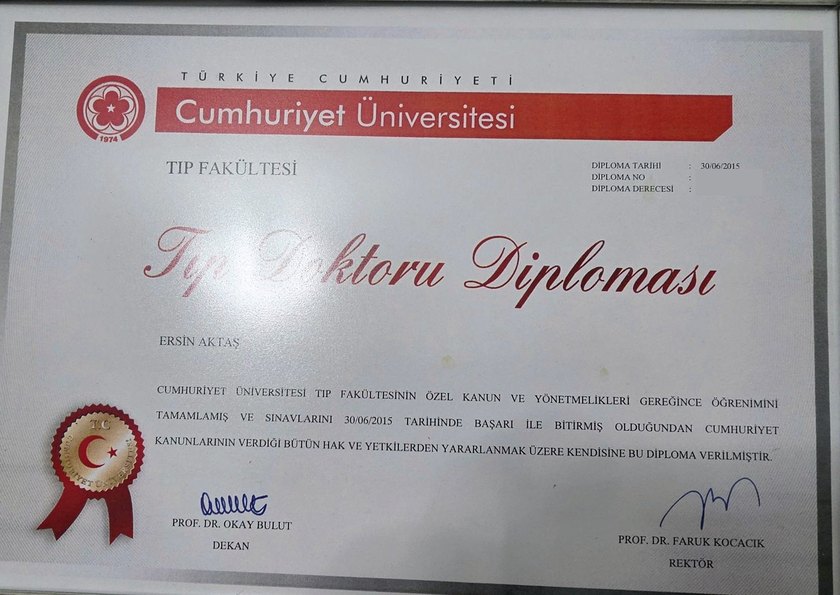 Cumhuriyet Üniversitesi Tıp Fakültesi tıp doktoru diploması, Ersin Aktaş