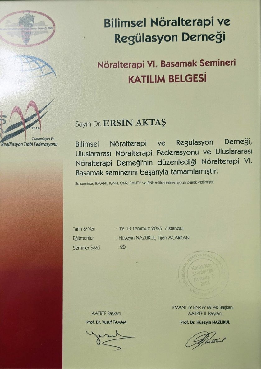 Nöralterapi VI. Basamak Semineri katılım belgesi