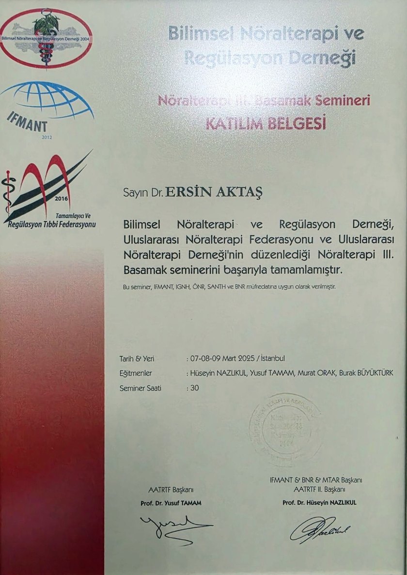 Nöralterapi III. Basamak Semineri katılım belgesi
